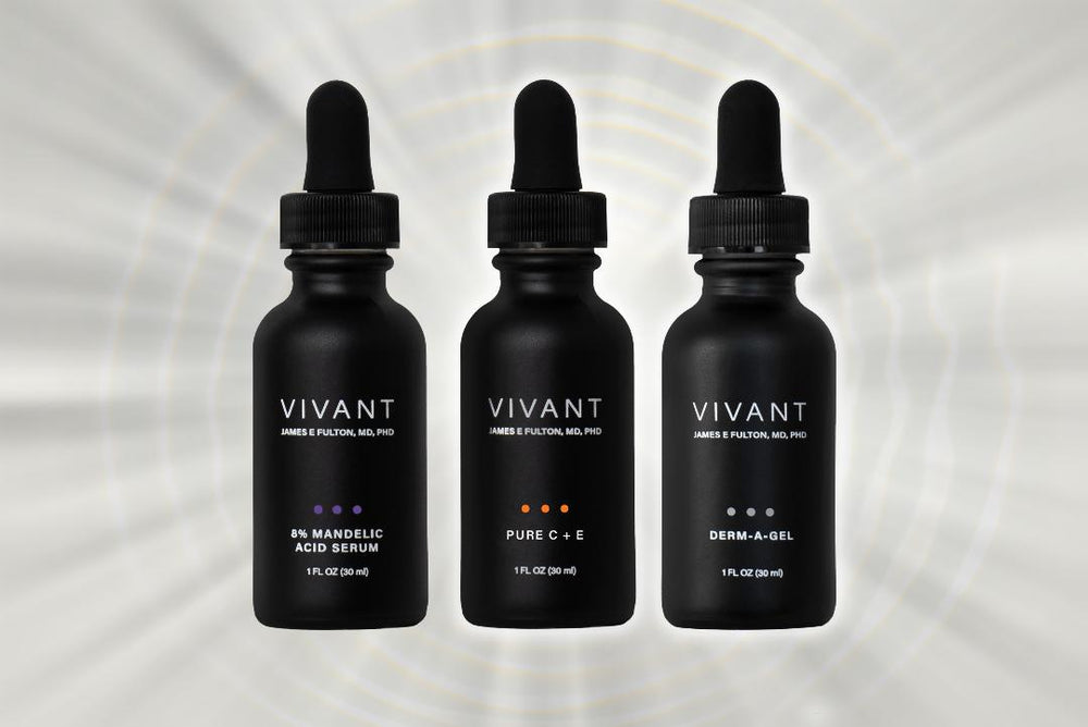 White text that reads "gold standards" with Vivant Skin Care products around it
