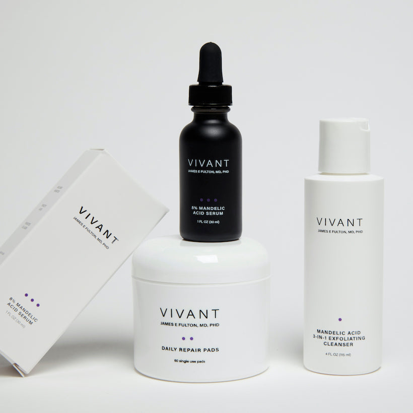 Vivant's Mandelic Acid products on a faded green background